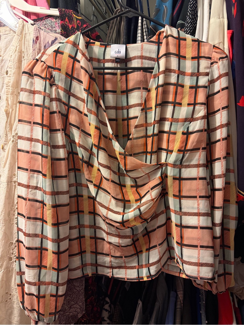 CAbi Peach Plaid Cowl Neck Blouse